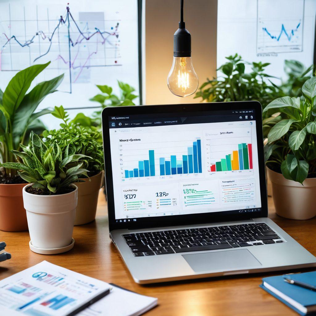 A dynamic collage featuring a laptop with a blog open on the screen, surrounded by growing plants symbolizing business growth. Include charts and graphs in the background representing analytics, and a light bulb to signify innovative ideas. The scene should emanate a sense of entrepreneurial spirit and success. vibrant colors. super-realistic.