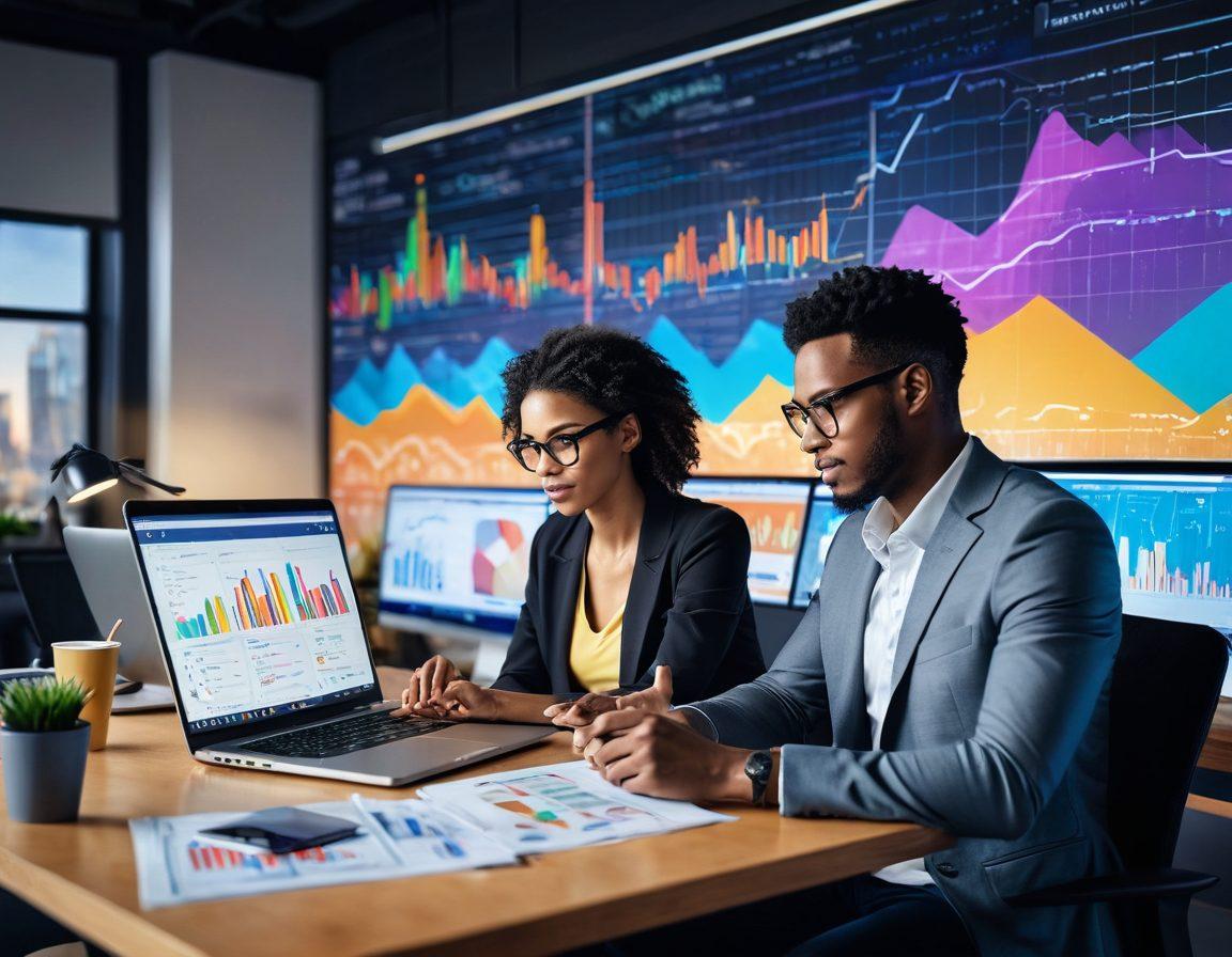 A dynamic workspace showcasing a small business owner confidently analyzing digital marketing strategies on a laptop, surrounded by colorful charts, graphs, and social media icons. Incorporate elements like a virtual assistant chatbot and a smartphone displaying an engaging ad campaign. Bright colors convey energy and innovation, while a slightly blurred city skyline in the background symbolizes growth and expansion. super-realistic. vibrant colors. 3D.